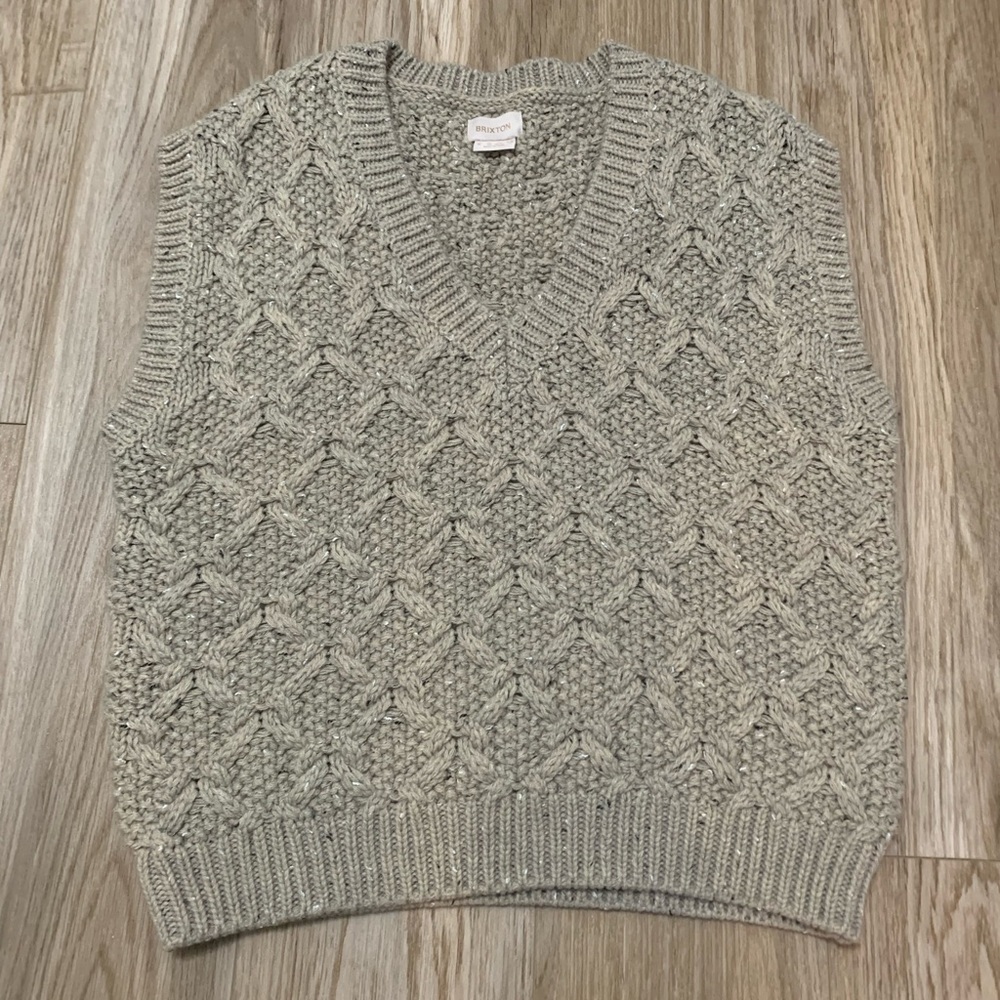 Brixton Lafayette Wool Cableknit Oversize V-Neck Sweater Vest Marled Beige M